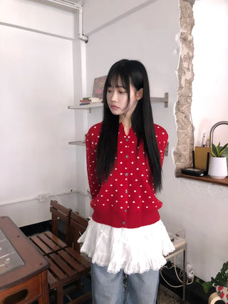 Lebi Dot Round Neck Knit Cardigan