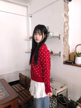 Lebi Dot Round Neck Knit Cardigan