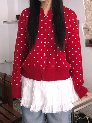 Lebi Dot Round Neck Knit Cardigan