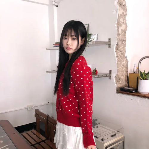 Lebi Dot Round Neck Knit Cardigan