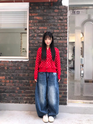 Lebi Dot Round Neck Knit Cardigan