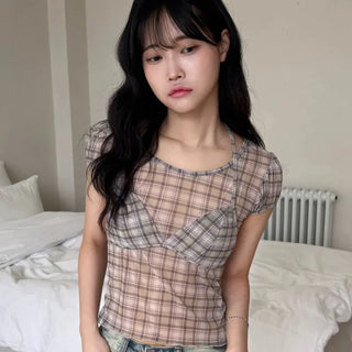 Loewe Soft Bra Top Check Square Neck Short Sleeve T-shirt