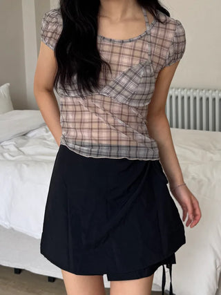 Loewe Soft Bra Top Check Square Neck Short Sleeve T-shirt