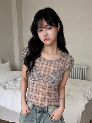Loewe Soft Bra Top Check Square Neck Short Sleeve T-shirt