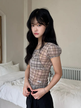 Loewe Soft Bra Top Check Square Neck Short Sleeve T-shirt