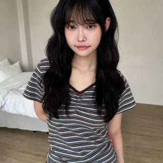 Resha Stripe V-Shirring Short Sleeve T-shirt