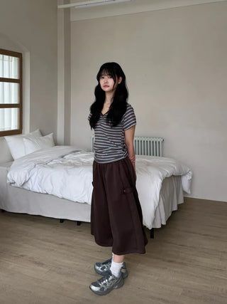 Resha Stripe V-Shirring Short Sleeve T-shirt
