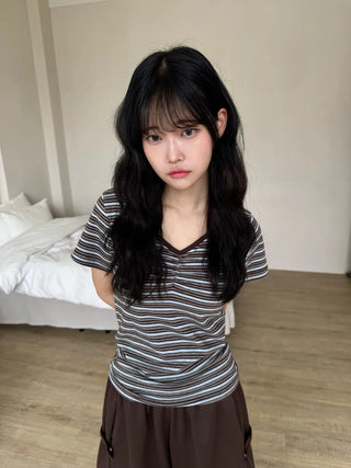 Resha Stripe V-Shirring Short Sleeve T-shirt