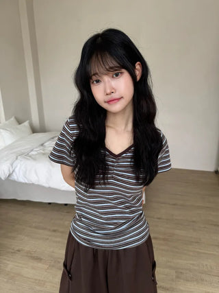 Resha Stripe V-Shirring Short Sleeve T-shirt