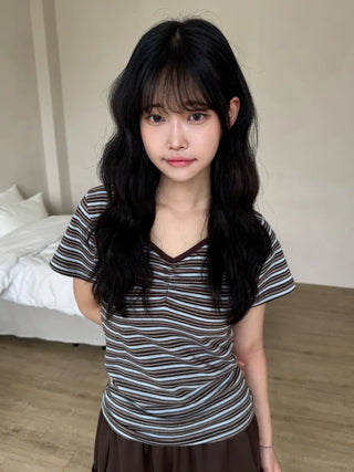 Resha Stripe V-Shirring Short Sleeve T-shirt