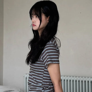 Resha Stripe V-Shirring Short Sleeve T-shirt