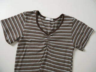 Resha Stripe V-Shirring Short Sleeve T-shirt