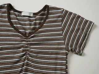 Resha Stripe V-Shirring Short Sleeve T-shirt