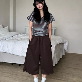 Resha Stripe V-Shirring Short Sleeve T-shirt