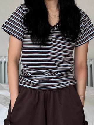 Resha Stripe V-Shirring Short Sleeve T-shirt