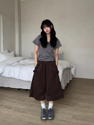 Resha Stripe V-Shirring Short Sleeve T-shirt