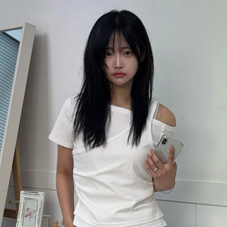 Natural Layered Plain Boat Neck Short Sleeve T-shirt