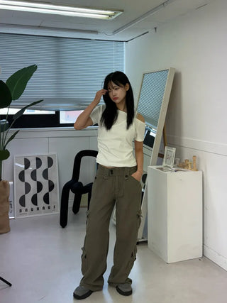 Natural Layered Plain Boat Neck Short Sleeve T-shirt