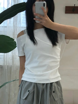 Natural Layered Plain Boat Neck Short Sleeve T-shirt