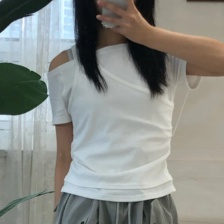 Natural Layered Plain Boat Neck Short Sleeve T-shirt