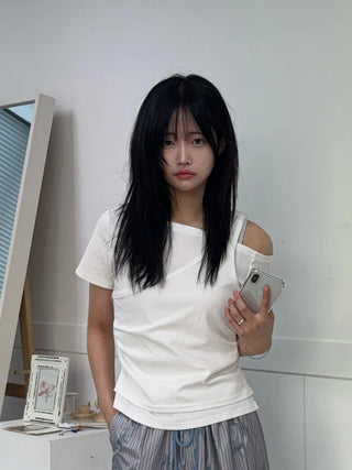 Natural Layered Plain Boat Neck Short Sleeve T-shirt