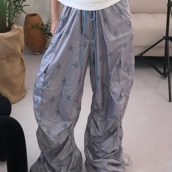 Summer Crinkly Striped Shirred Cargo Pants