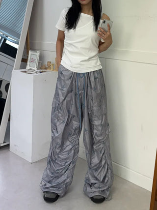 Summer Crinkly Striped Shirred Cargo Pants