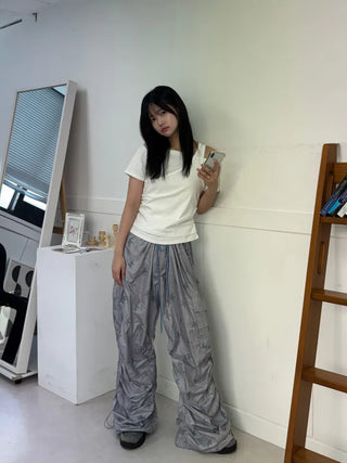 Summer Crinkly Striped Shirred Cargo Pants