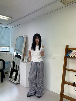Summer Crinkly Striped Shirred Cargo Pants
