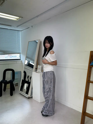 Summer Crinkly Striped Shirred Cargo Pants