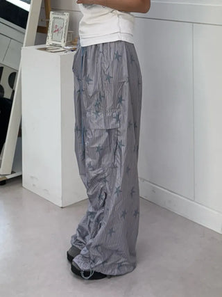 Summer Crinkly Striped Shirred Cargo Pants