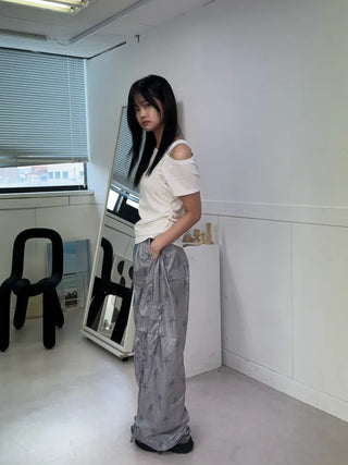 Summer Crinkly Striped Shirred Cargo Pants