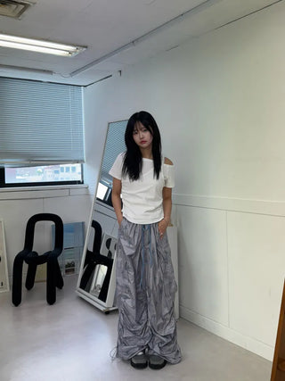 Summer Crinkly Striped Shirred Cargo Pants