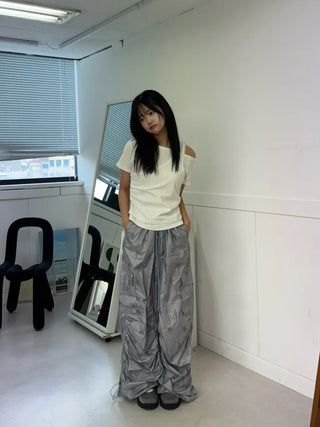Summer Crinkly Striped Shirred Cargo Pants