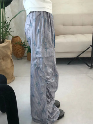 Summer Crinkly Striped Shirred Cargo Pants
