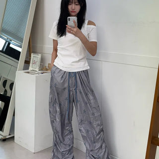 Summer Crinkly Striped Shirred Cargo Pants