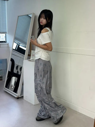 Summer Crinkly Striped Shirred Cargo Pants