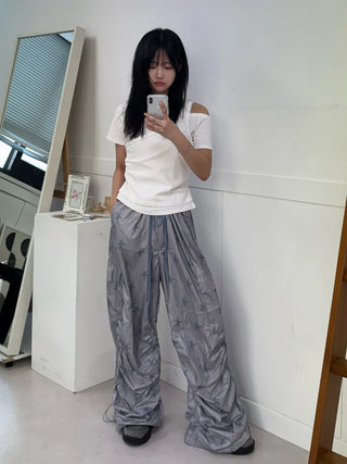 Summer Crinkly Striped Shirred Cargo Pants