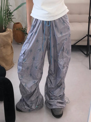 Summer Crinkly Striped Shirred Cargo Pants