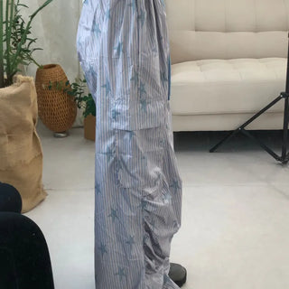 Summer Crinkly Striped Shirred Cargo Pants