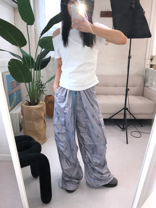 Summer Crinkly Striped Shirred Cargo Pants