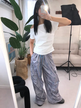Summer Crinkly Striped Shirred Cargo Pants