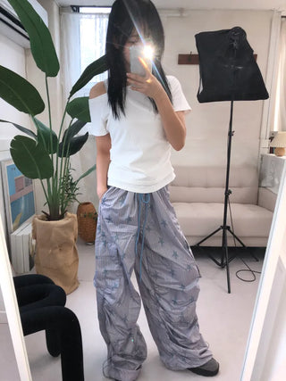 Summer Crinkly Striped Shirred Cargo Pants