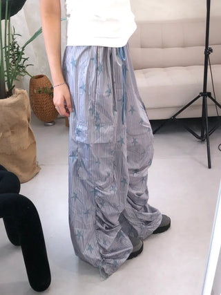 Summer Crinkly Striped Shirred Cargo Pants