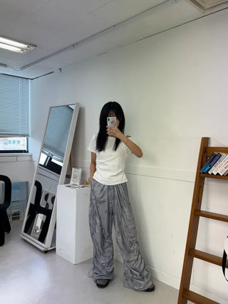 Summer Crinkly Striped Shirred Cargo Pants