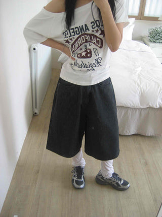 Striped Bermuda denim pants