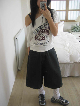 Striped Bermuda denim pants
