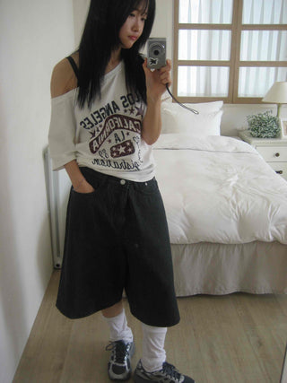 Striped Bermuda denim pants