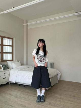Striped Bermuda denim pants