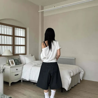 Striped Bermuda denim pants